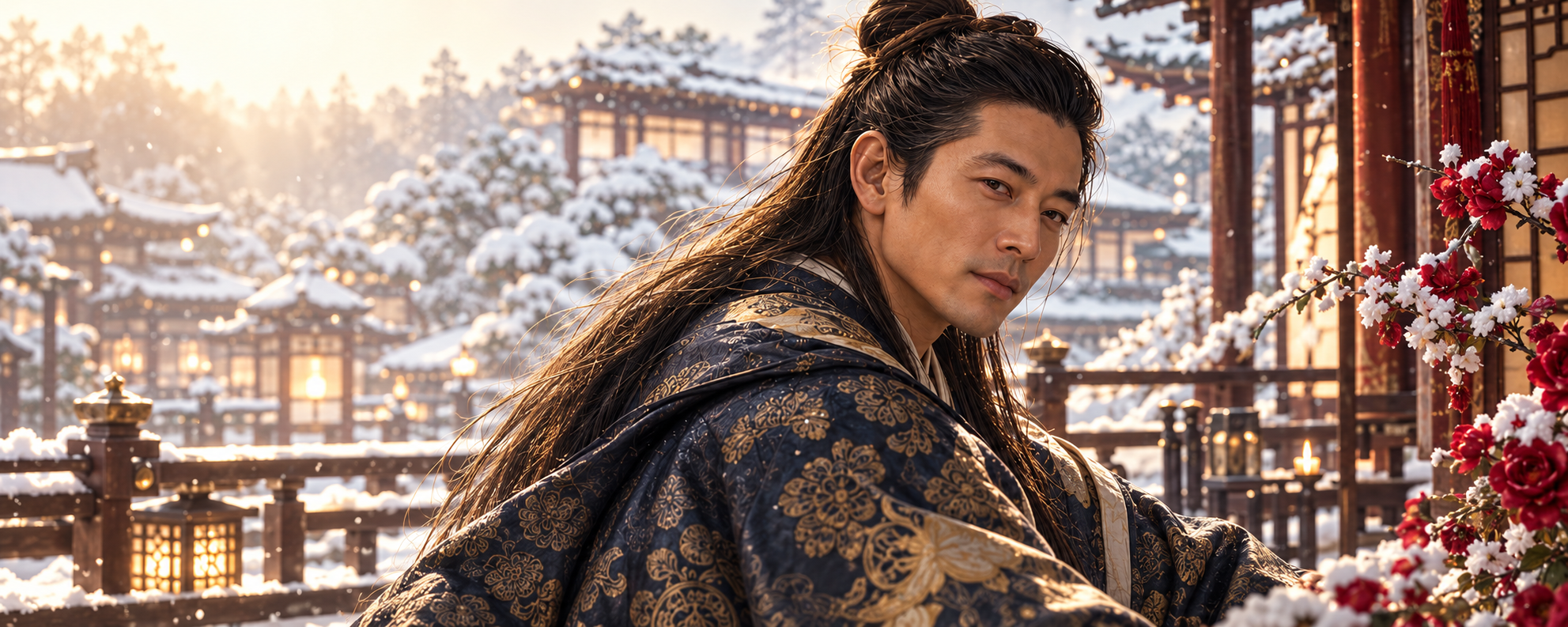Enshi, in formal Heian-inspired robes, against snowy Japanese architecture