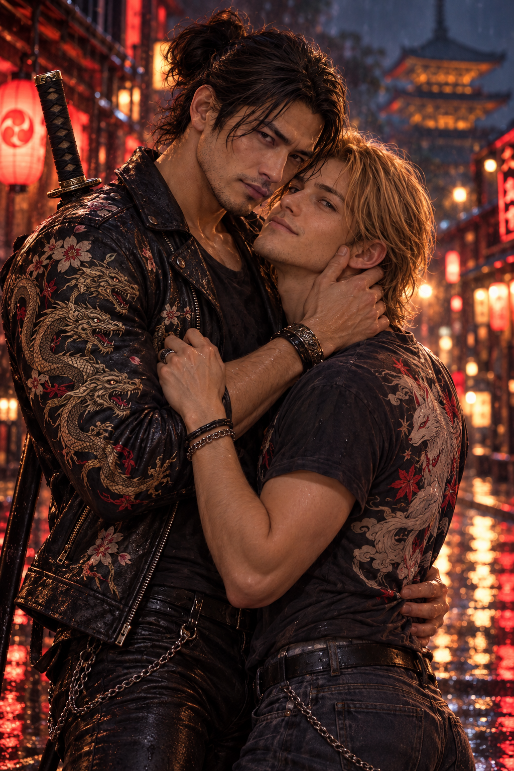 Sadao and Mouse embracing on a rain-soaked Kyoto street