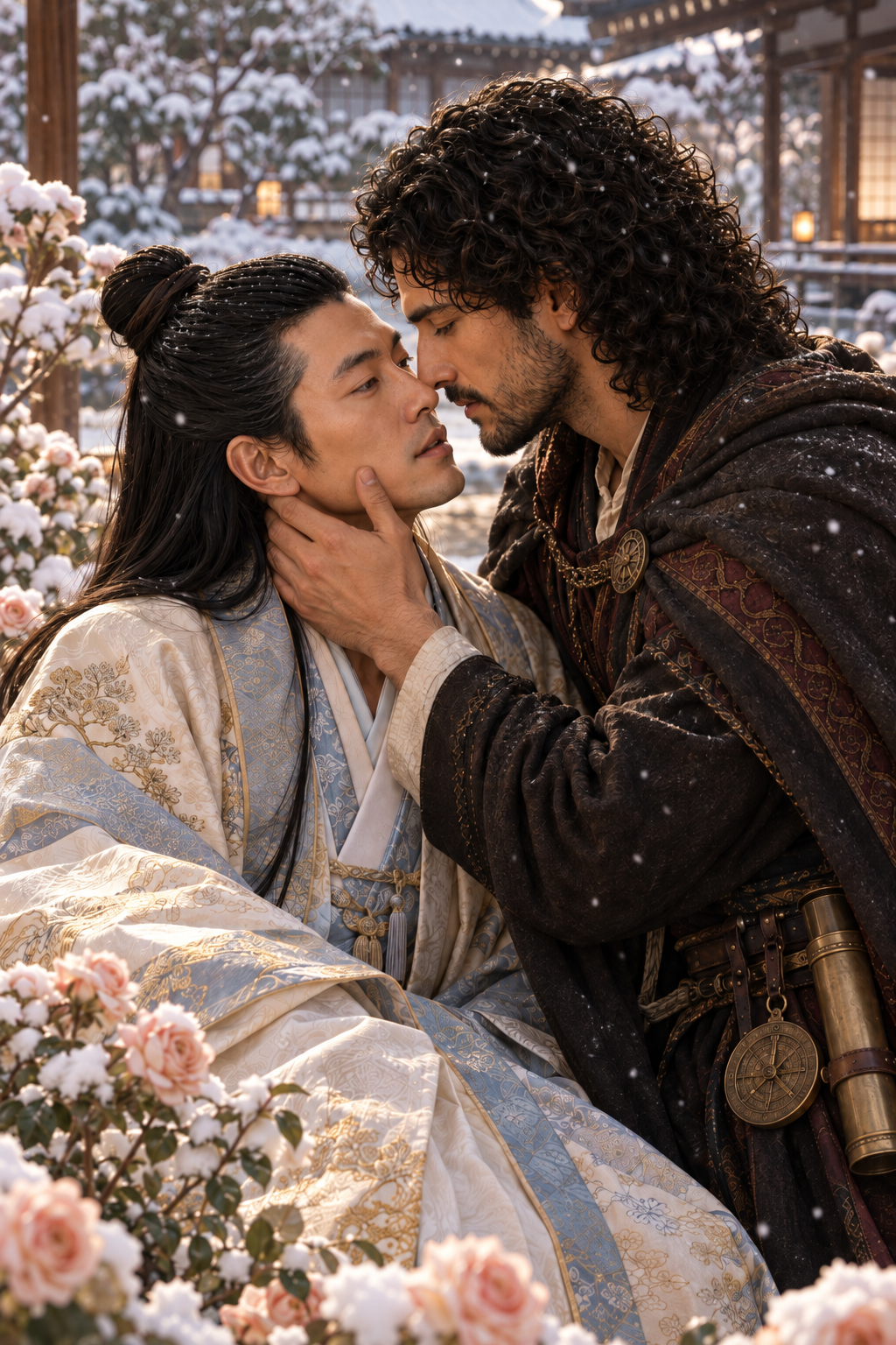 Enshi and Alexios nearly kissing in a snowy Heian garden